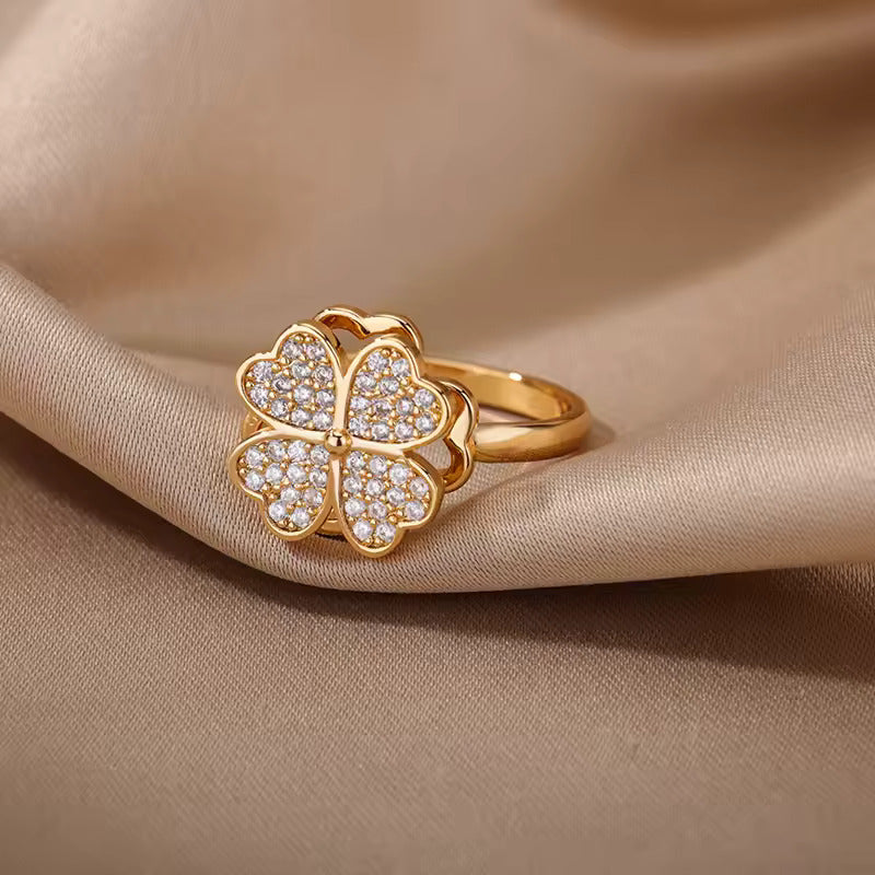 Four-Leaf Clover Spinning Gold Ring | Spinning Gold Ring | Romantic Gift for Women | Unique Clover Ring for Women