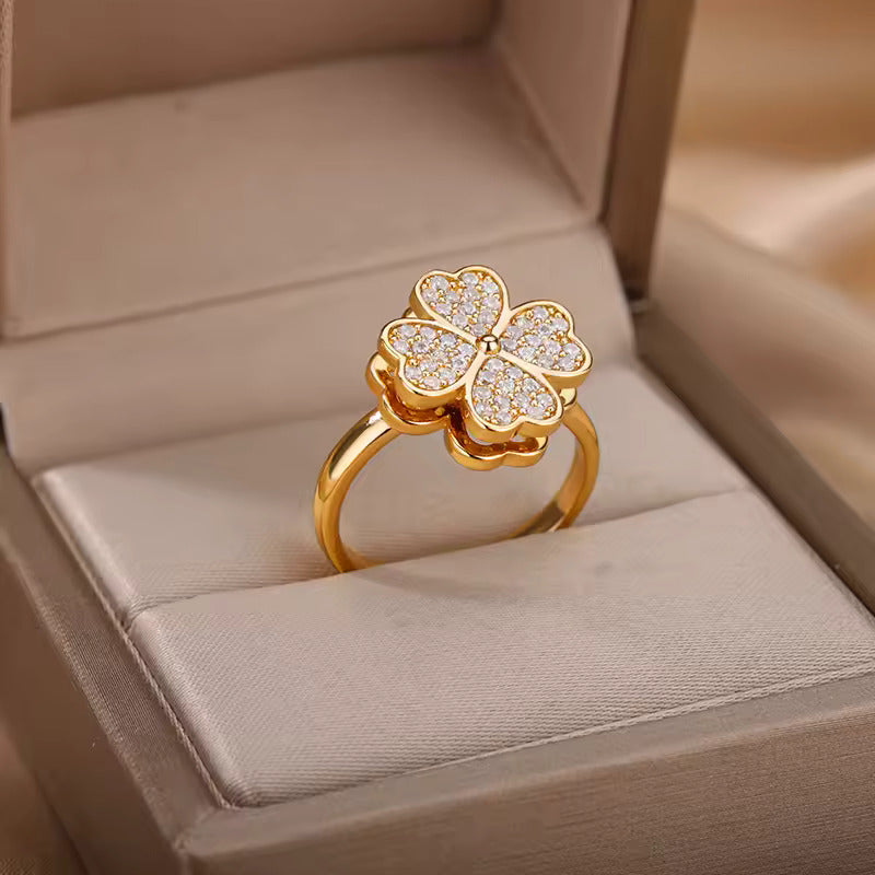 Four-Leaf Clover Spinning Gold Ring | Spinning Gold Ring | Romantic Gift for Women | Unique Clover Ring for Women